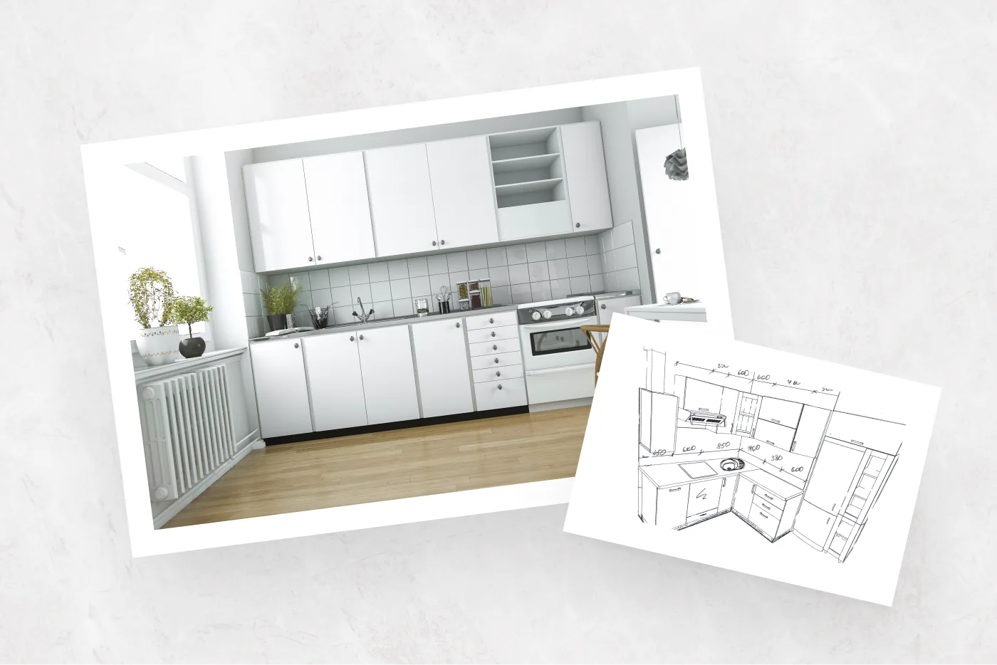 Moderne weiße Küchenzeile mit Backofen und Griffen, daneben Küchenplan mit Maßangaben auf Papier