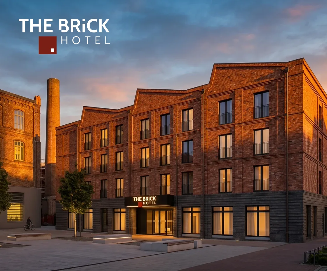 Backsteinhotel mit beleuchtetem Eingang und Beschriftung „THE BRICK HOTEL“.